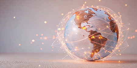 Globe with glowing network connections on light background. 3D rendering