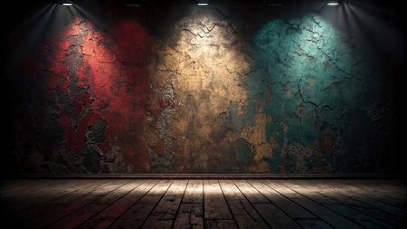 Old grunge wall with colorful spotlights and wooden floor 3D rendering