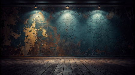 Old grunge wall with spotlights and wooden floor 3D renderingの写真素材