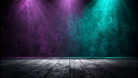 Grunge wall with wooden floor and spotlights. Stage background
