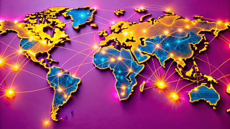 World map on purple background with glowing lines. Network and communication concept.