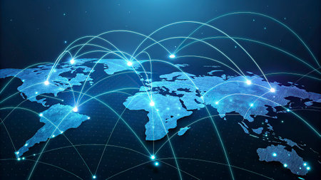 World map on a technological background, glowing lines symbols of the Internet, radio, television,...