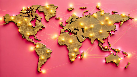 World map with glowing lights on pink background, top view. Space for textの写真素材