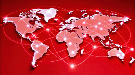 World map on a red background, glowing lines symbols of the Internet.の写真素材