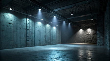Empty dark concrete room with illuminated spotlights. 3D Rendering