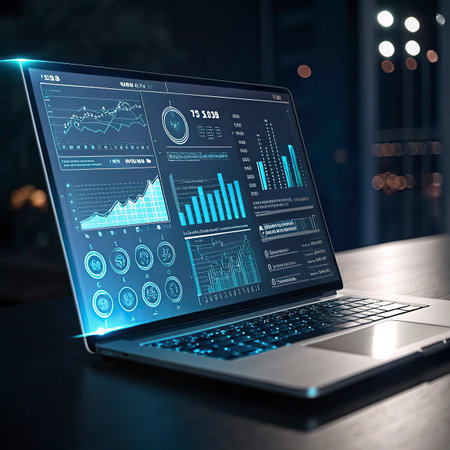 Laptop screen with financial charts and graphs on it. 3d renderingの写真素材