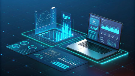 Laptop with infographics on the screen. Vector illustration in isometric style