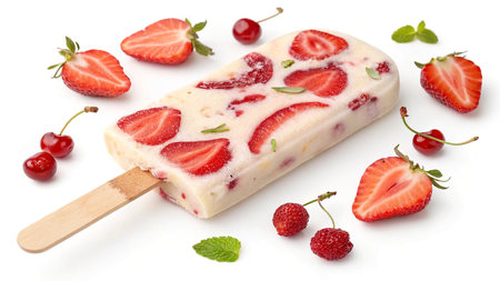Strawberry ice cream with fresh berries on a white background.