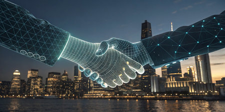 Double exposure of handshake over cityscape background. Concept of partnership and success.の写真素材
