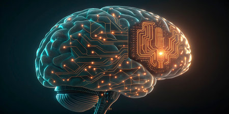 3d illustration of human brain with circuit board, concept of artificial intelligence