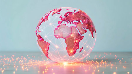 Globe with glowing world map on blue background. Global business conceptの写真素材