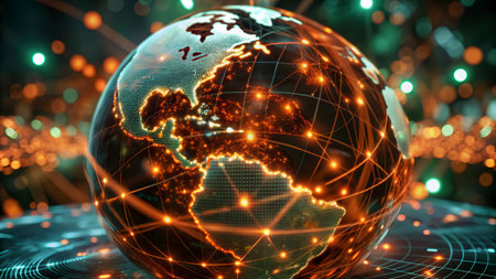 Globe with glowing lines representing the global Internet spread around the world.の写真素材