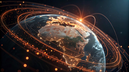 Global network connection over planet Earth 3D rendering elements of this image furnished by NASAの写真素材