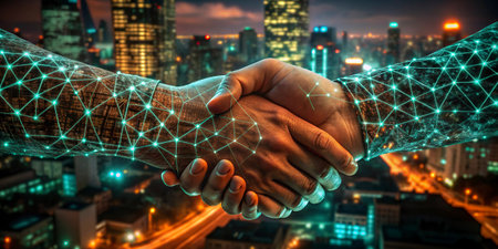 Double exposure of handshake and network connection over cityscape background. Partnership and...