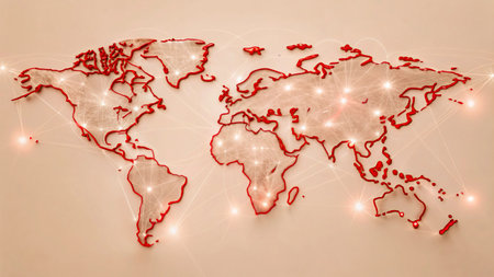 World map with glowing lines on white background, closeup of photoの写真素材