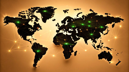World map with glowing lines and particles on brown background. Vector illustration.