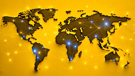 World map with glowing lights on yellow background. Global network connection concept.