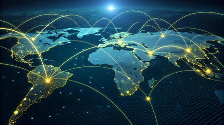 Global network connection over the world map. 3D rendering toned image double exposure