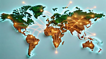 world map with glowing connection lines on the blue background. 3d rendering
