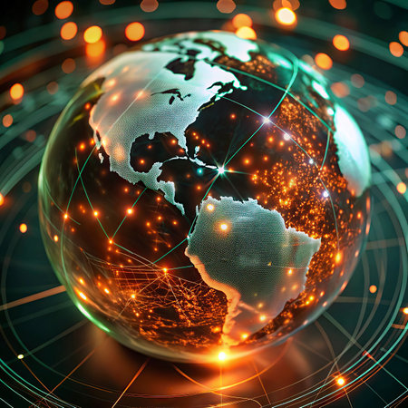 Globe of the planet Earth, glowing lines on a technological background.
