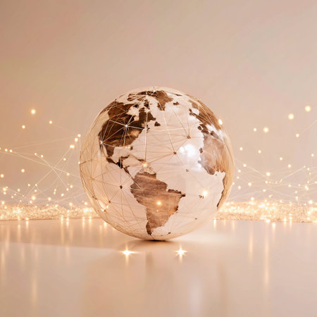 Globe of the Earth with glowing lines and bokeh backgroundの写真素材