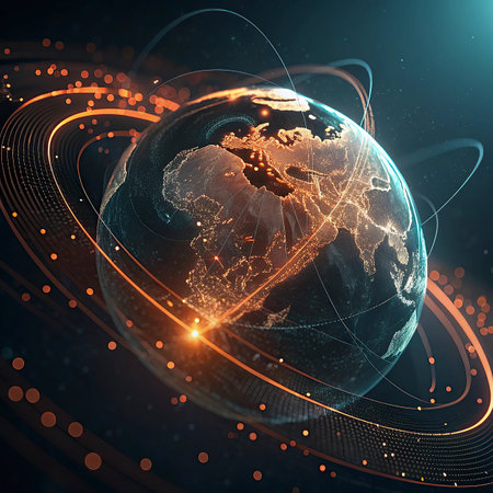 Best Internet Concept of global business. Globe, glowing lines on technological background. Wi-Fi,...