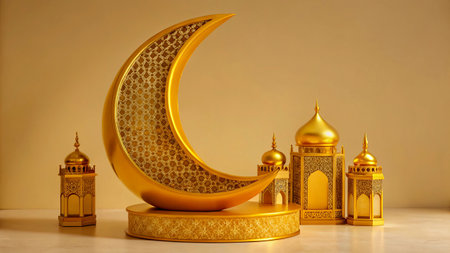golden crescent moon with lanterns, eid mubarak concept