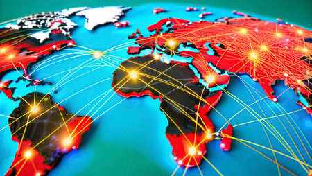Map of the world on digital screen. Concept of international communication, technology and travel....