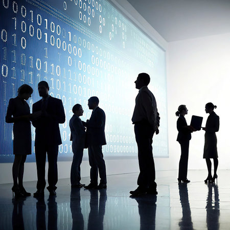 Silhouettes of business people and binary code on a white background