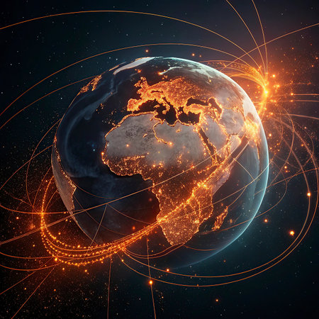 Earth planet from space with network representing international communication, technology and...