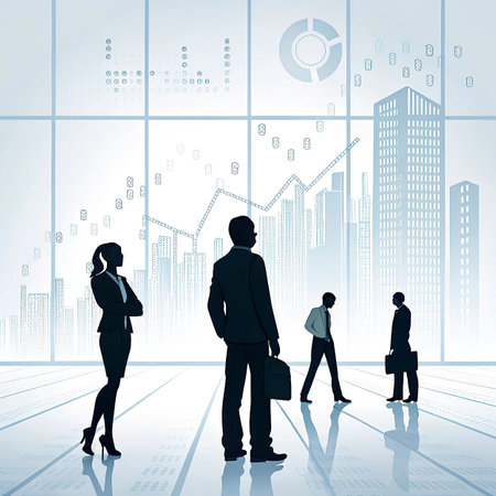 Silhouettes of business people in front of a cityscape backgroundの写真素材
