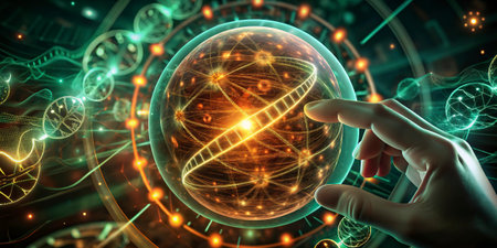 Close up of human hand touching DNA molecule 3D rendering elements of this image furnished by NASA