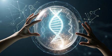 Close up of human hands holding DNA hologram on dark background 3D rendering