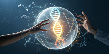 Female hands on dark background holding DNA molecule hologram 3D renderingの写真素材