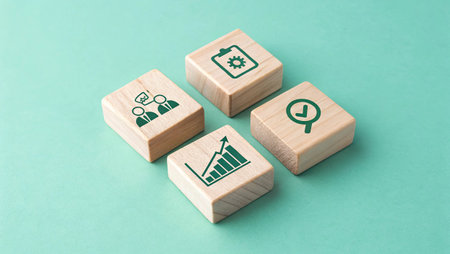 Wooden blocks with business icons on green background. Business concept.