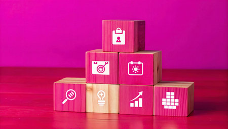 Conceptual image of business icons on wooden cubes against purple backgroundの写真素材