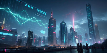 Business people walking in the city with financial chart and graphs on the backgroundの写真素材