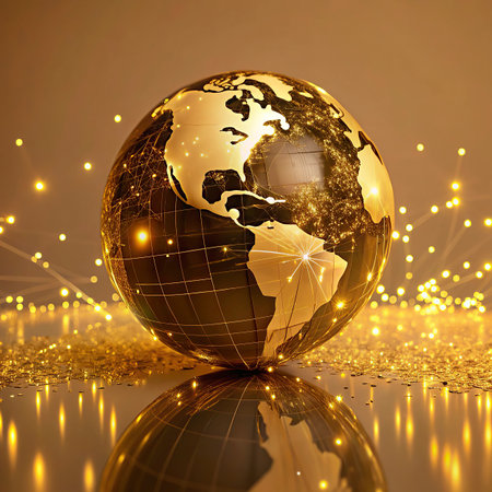 golden world globe on bokeh background, 3d renderの写真素材