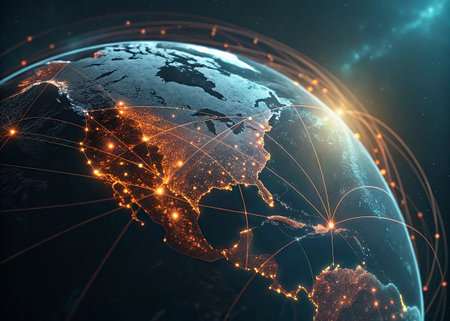World map with glowing lines representing international communication, technology and travel. 3D illustration.の写真素材
