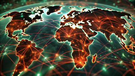 World map on a technological background, glowing lines symbols of the Internet, radio, television,...