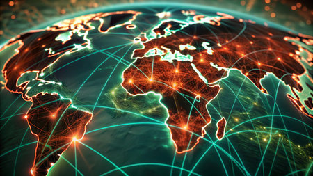 World map on a technological background, glowing lines symbols of the Internet, radio, television,...