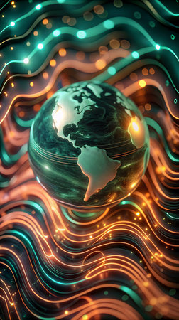 Globe with glowing lines on a dark background. 3D rendering