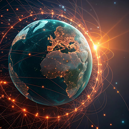 Earth from space with international network representing communication, travel and connections. 3D...