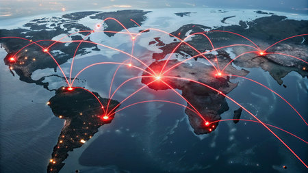 World map at night with glowing lines and connections. Concept of digital communication and...