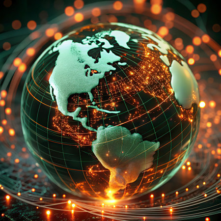 Globe and map of the world on a technological background. 3d illustrationの写真素材