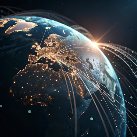 Earth from space with international network representing communication, travel and connections. 3D...