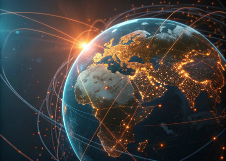 Earth from space with international network representing communication, travel and connections. 3D illustration.の写真素材
