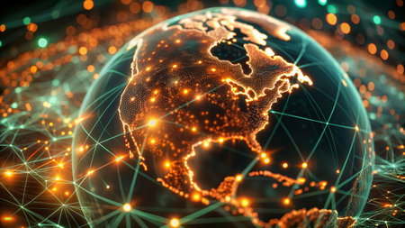 World map with glowing lines and dots. Global network connections. 3D renderingの写真素材
