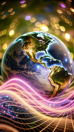 Earth planet with glowing lines and bokeh background. Elements of this image furnished by NASAの写真素材