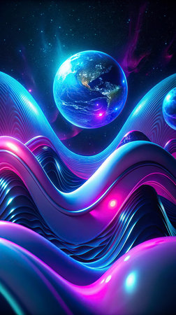 abstract wavy background with planet earth and stars. 3d illustration